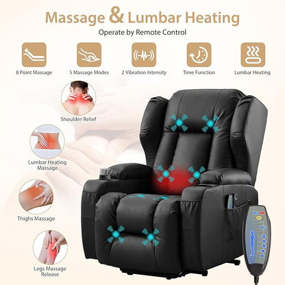 Power Lift Chair Recliner with Heat and Massage,Single Sofa Chair Recliner for Elderly,Electric Recliners Comfortable Lift Chairs for Living Room with Remote/Storage/Cup Holders/USB Port (Black)