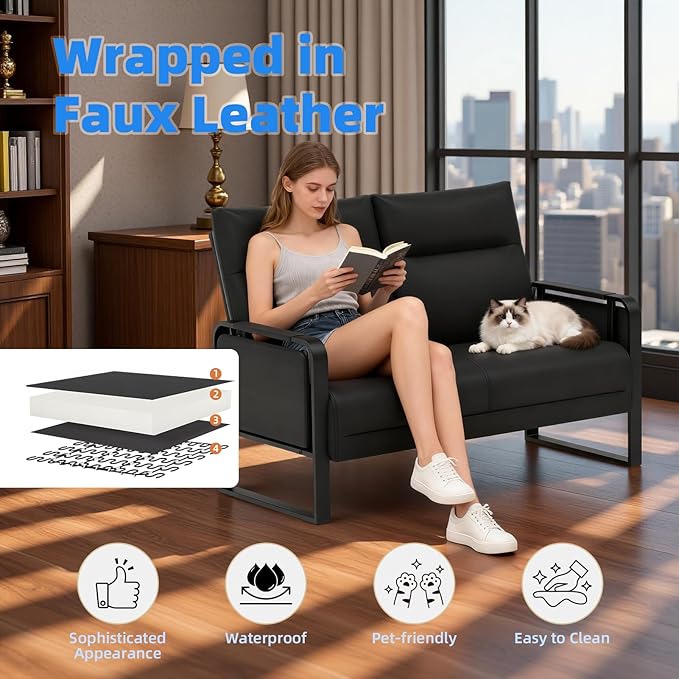 3 Piece Living Room Sofa Set, Leather Sofa Sets with Side Tray & Pocket, Modern 3 Pcs Sectional Couches Set for Apartment, Office, Bedroom (Black, Lovseat+2-Seat)
