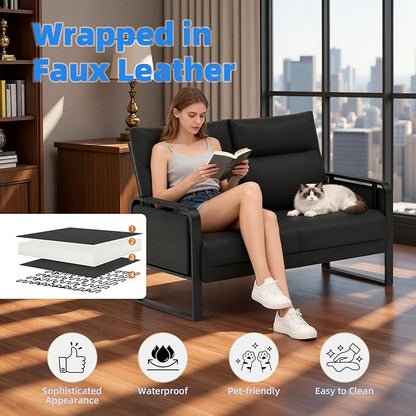 3 Piece Living Room Sofa Set, Leather Sofa Sets with Side Tray & Pocket, Modern 3 Pcs Sectional Couches Set for Apartment, Office, Bedroom (Black, Lovseat+2-Seat)