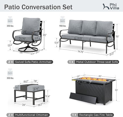 PHI VILLA Patio Furniture Set with FirePit Table, Outdoor Furniture with 1 x 3-Seat Wide Deep Seating Bench, 2 x Swivel Sofa Chairs & 2 Ottomans, 5.75" Thick Cushioned Outdoor Conversation Set, Grey