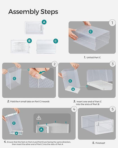SONGMICS Shoe Boxes, Pack of 12 Shoe Storage Organizers, Stackable Clear Plastic Boxes for Closet, Sneakers, 13.7 x 9.9 x 7.4 Inches, Transparent and White ULSP12MWT