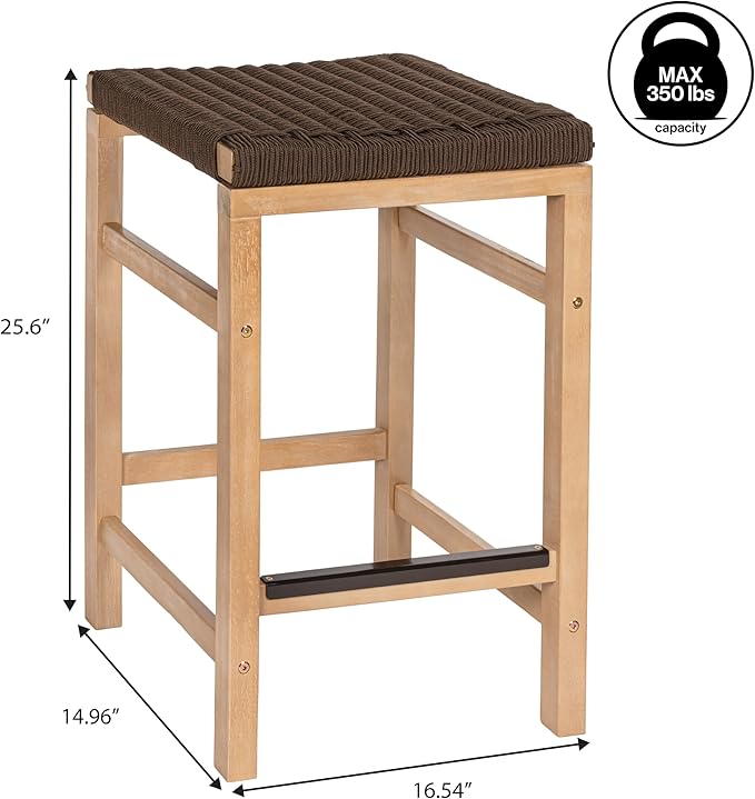 JONATHAN Y CSL1201C-SET2 Armand 25.6" Modern Coastal Backless Acacia Wood Outdoor Counter Stool with Woven Rope Seat, for Pool, Deck, Poolside, Light Teak/Brown (Set of 2)