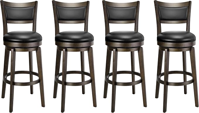 PrimeZone Swivel Bar Stools Set of 4, 30 Inch Bar Height Barstools, Black Faux Leather Bar Stool with High Backrest & Solid Wood Legs & Wrap-Around Footrest, Counter Stools for Kitchen Island, Pub