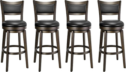 PrimeZone Swivel Bar Stools Set of 4, 30 Inch Bar Height Barstools, Black Faux Leather Bar Stool with High Backrest & Solid Wood Legs & Wrap-Around Footrest, Counter Stools for Kitchen Island, Pub