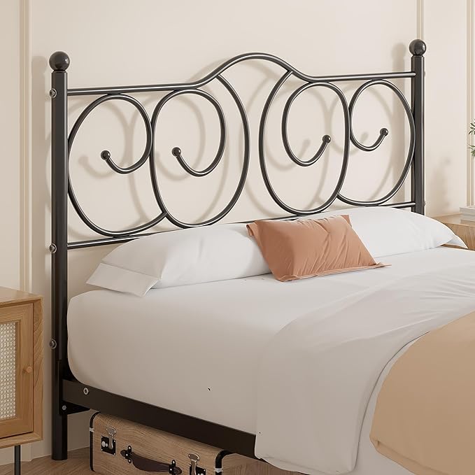 VECELO Metal Full Size Headboard, Heavy Duty Curved Headboard Only Height Adjustable, Easy to Assembly, Farmhouse Victorian Style for Bedroom - Black, Full