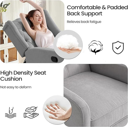 360 Swivel Rocker Recliner Chair for Adults, Nursery Chair for Small Spaces Living Room, Upholstered Fabric Glider Recliner, Pigeon Grey
