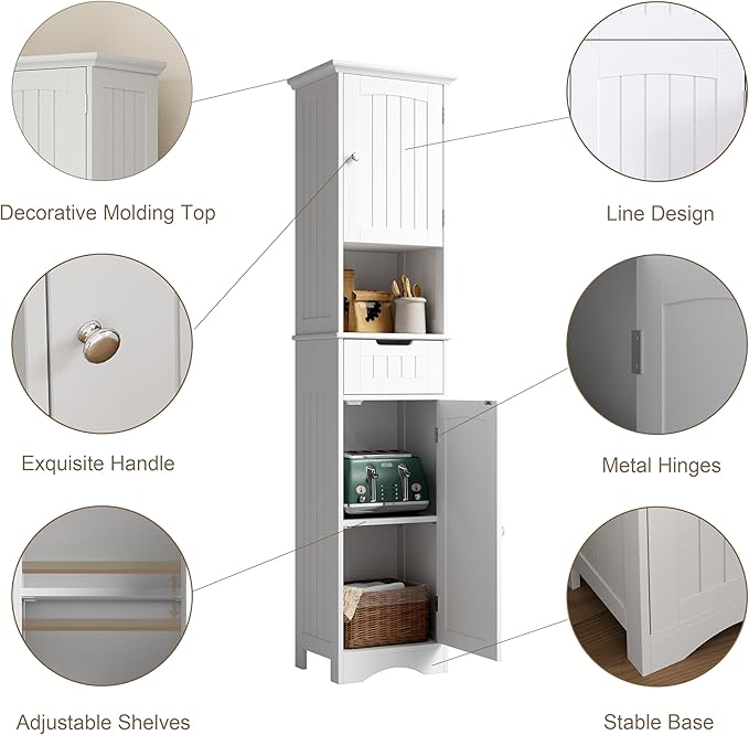 ChooChoo 67" Tall Bathroom Storage Cabinet, Narrow Bathroom Cabinet with 2 Doors and 1 Drawers, Freestanding Cupboard Floor Cabinet with Adjustable Shelves for Living Room, Kitchen, White
