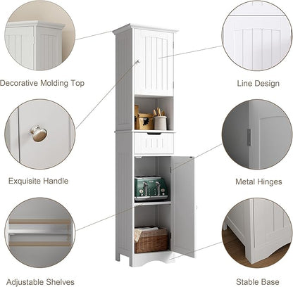 ChooChoo 67" Tall Bathroom Storage Cabinet, Narrow Bathroom Cabinet with 2 Doors and 1 Drawers, Freestanding Cupboard Floor Cabinet with Adjustable Shelves for Living Room, Kitchen, White