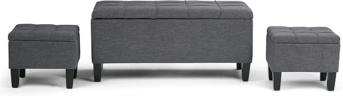 SIMPLIHOME Dover 44 inch Wide Contemporary Rectangle 3 Pc Storage Ottoman in Slate Grey Linen Look Fabric, Assembled, For the Living Room, Entryway and Family Room