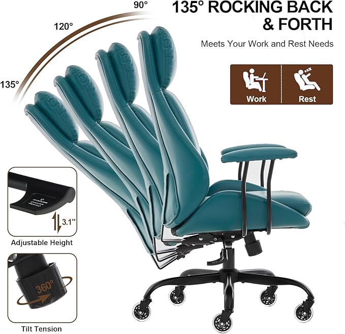 Home Office Desk Chair, PU Casters Ergonomic Computer Chair with Lumbar Support, Adjustable Height, 360°Rolling Swivel Chair, High Back Executive Task, Padded Armrests Chair, Green Leather