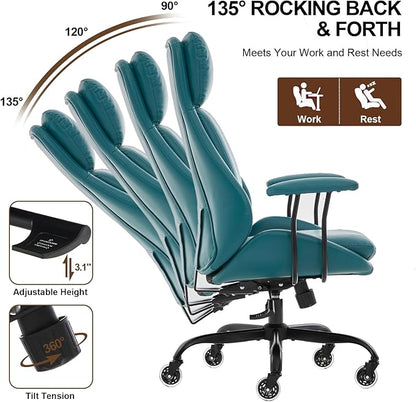 Home Office Desk Chair, PU Casters Ergonomic Computer Chair with Lumbar Support, Adjustable Height, 360°Rolling Swivel Chair, High Back Executive Task, Padded Armrests Chair, Green Leather