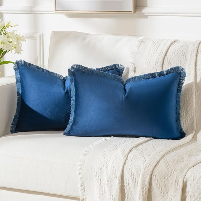 FUTEI Navy Blue Velvet Decorative Throw Pillow Covers 12x20 Set of 2,Soft Cozy Edge with Tassels Lumbar Pillow Cases,Boho Modern Home Decor for Couch Bed Living Room