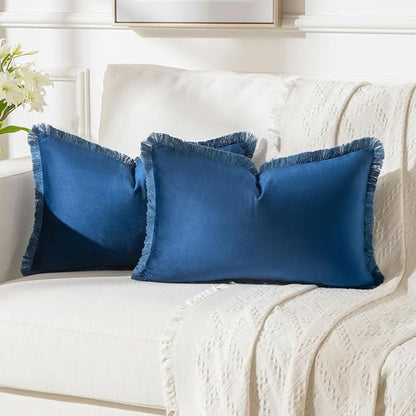 FUTEI Navy Blue Velvet Decorative Throw Pillow Covers 12x20 Set of 2,Soft Cozy Edge with Tassels Lumbar Pillow Cases,Boho Modern Home Decor for Couch Bed Living Room