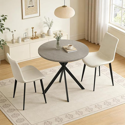 31.5" Round Dining Table and Chairs Set for 2, Small Dining Table Chairs Set Space-Saving, Small Dinette Sets for 2 for Kitchen Dining Room Apartment(Gray Table + Beige Chairs)