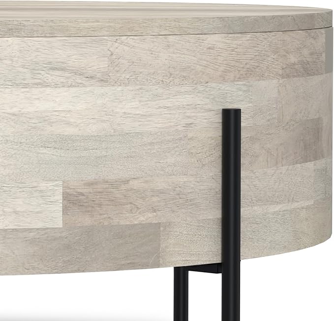 SIMPLIHOME Rayburn Drum Coffee Table - 38 inch Wide Solid Mango Wood Round Living Room Table in White Wash, Modern Urban Center Table for Family Room with Black Metal Legs and Large Surface