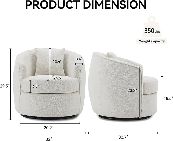 Swivel Accent Chair, Modern Upholstered Boucle Barrel Arm Chairs with Pillow for Living Room, 360 Degree Round Swivel Sherpa Armchair with Round Base for Bedroom Club (1, Cream)