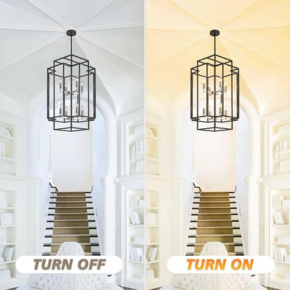 High Ceiling Foyer Chandelier: 8-Light Farmhouse Lantern Chandeliers for Entryway Industrial Large Pendant Light Fixtures for Entry Staircase Hallway Dining Room Kitchen Island, Black & Silver