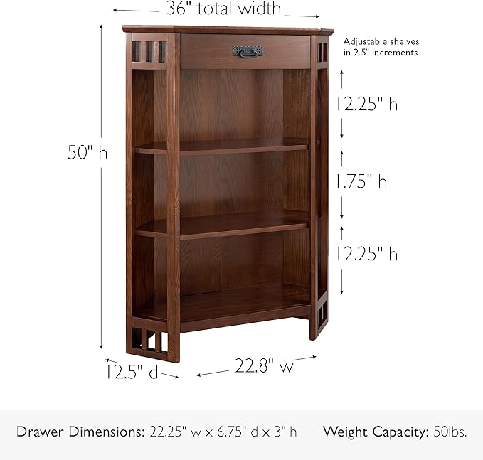 Leick Home 82263 Mission Mantel Height Corner Bookcase with Drawer Storage, Made with Solid Wood, for Entryway, Living Rooms, Home Office, Bedroom, Mission Oak Finish