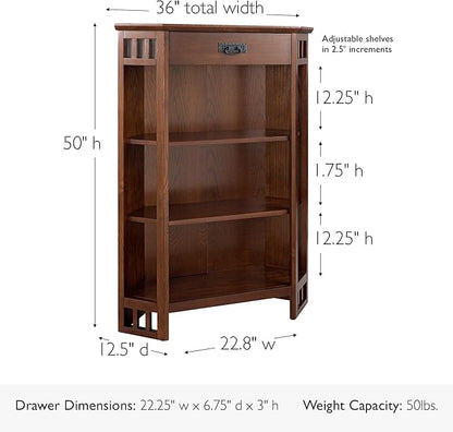 Leick Home 82263 Mission Mantel Height Corner Bookcase with Drawer Storage, Made with Solid Wood, for Entryway, Living Rooms, Home Office, Bedroom, Mission Oak Finish