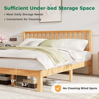 DELAVIN King Size Bed Frame with Farmhouse Headboard, Solid Wood Platform Bed with Storage, Malaysian Oak King Bedframe, Wood Slats Support, No Box Spring Needed, Rustic Pine