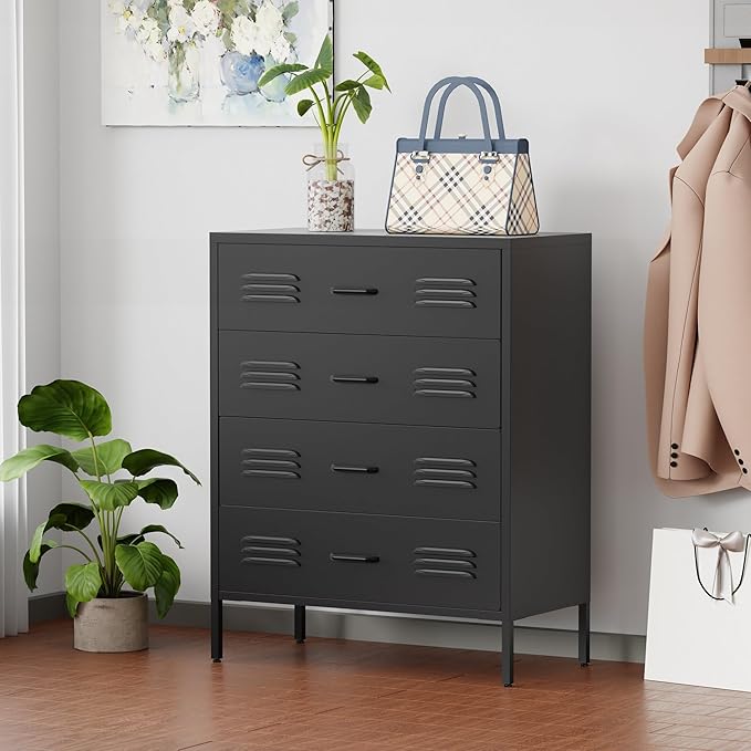 Black Metal 4 Drawer Dresser for Bedroom, Chest of Drawers for Closet, Bedroom Dressers with Drawers, Metal Dressers & Chests of Drawers for Office, Bedroom, Living Room and Entryway