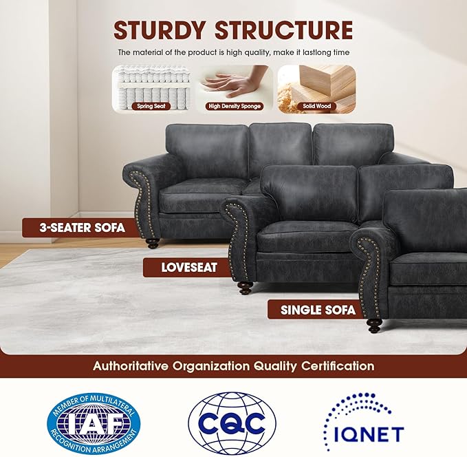 Living Room Furniture Sets,Sofa Sets and Couch Sets for Living Room,Mid-Century Vintage Sofa Couches with Rivet Design (Grey, 2 Loveseat+3 Seater)