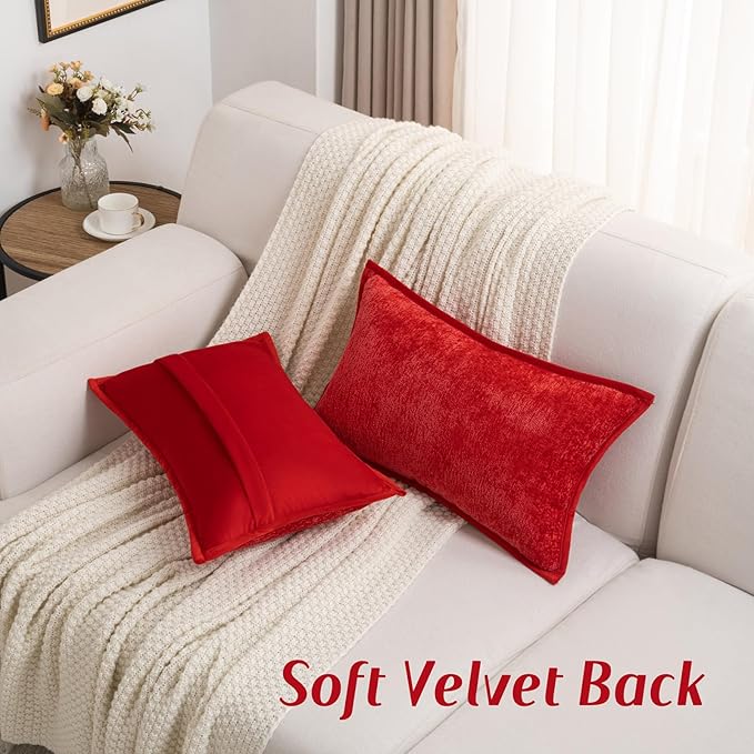 FUTEI Christmas Red Chenille Throw Pillow Covers 12x20 Inch Set of 2,Soft Cozy Bound Edge Design Lumbar Pillow Cases,Home Decor for Couch Bed Living Room