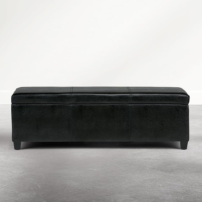 SIMPLIHOME Avalon Storage Ottoman Bench - 48 inch Wide Upholstered Solid Wood Rectangular Ottoman in Carbon Black, Contemporary Storage Bench for Bedroom or Living Room with Lift-Top Lid