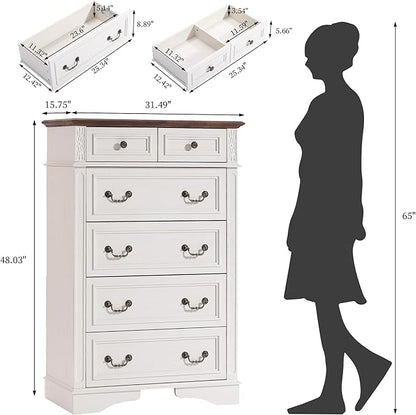 Dresser for Bedroom, 6 Drawers 48" Tall Dresser for Storage and Organization, White Farmhouse Chest of Drawers for Living Room, Closet, Hallway