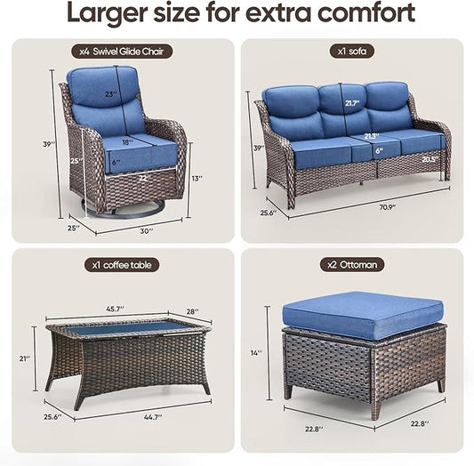 Swivel Patio Chairs sofa Set of 8 with 6" Thick Cushion - Wicker Outdoor Swivel Rocker Patio Chair ,Sofa/Glass coffee table, High Back Comfortable Outdoor Glider Chairs - Brown Wicker - Blue Cushions