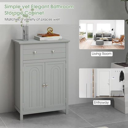 LOKO Bathroom Floor Cabinet, Kitchen Storage Cabinet with 1 Drawer, 2 Doors & 3-Position Adjustable Shelf, 2-Door Floor Storage Cabinet for Bathroom, Living Room, Entryway (Grey)
