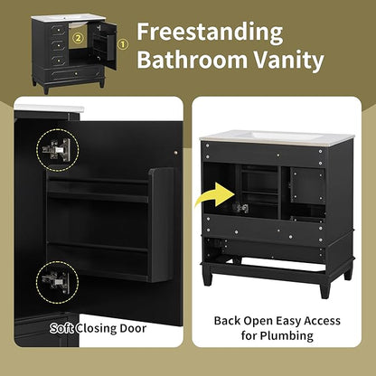 Bathroom Vanity with Ceramic Sink 30 inch, Multi-Functional Storage Cabinet with Drawers and Door Shelf, Solid Wood Frame, Soft-Closing Door, Black