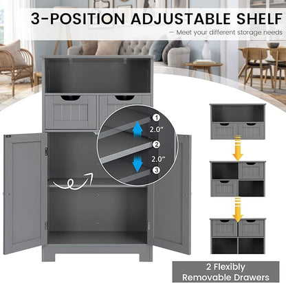 COSTWAY Bathroom Storage Cabinet, Freestanding Storage Organizer with 2 Drawers & Adjustable Shelf, Wooden Floor Cabinet for Living Room, Bedroom, Kitchen, Entryway (Gray)