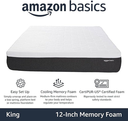 Amazon Basics Gel Memory Foam Mattress, Firm, Cooling, King Size Mattress, CertiPUR-US® Certified Foam, 80 x 76 x 12 inches, White/Dark Gray