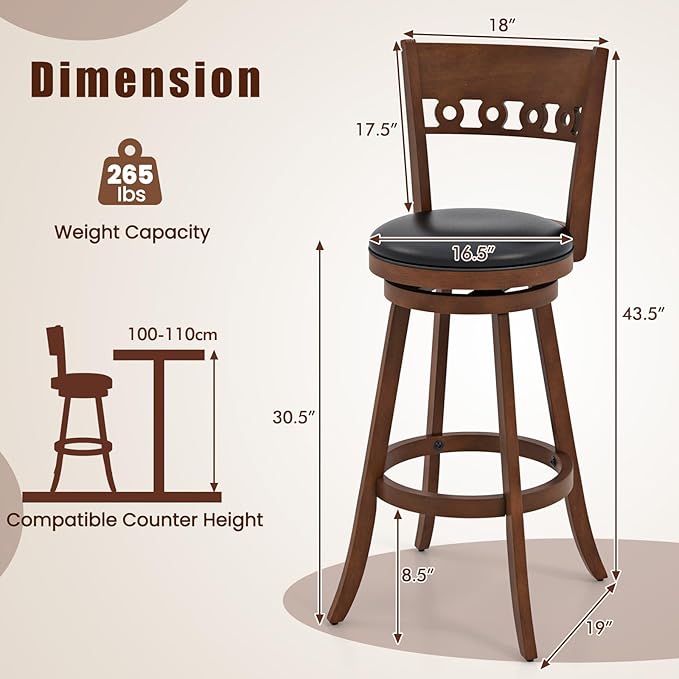 COSTWAY Bar Stools Set of 4, 30.5” Bar Height Bar stools with Solid Wood Legs, Cushioned Seat, Footrest, for Home, Kitchen Island, Bar (4, 30.5'' Seat Height)