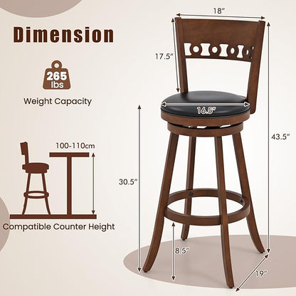 COSTWAY Bar Stools Set of 4, 30.5” Bar Height Bar stools with Solid Wood Legs, Cushioned Seat, Footrest, for Home, Kitchen Island, Bar (4, 30.5'' Seat Height)