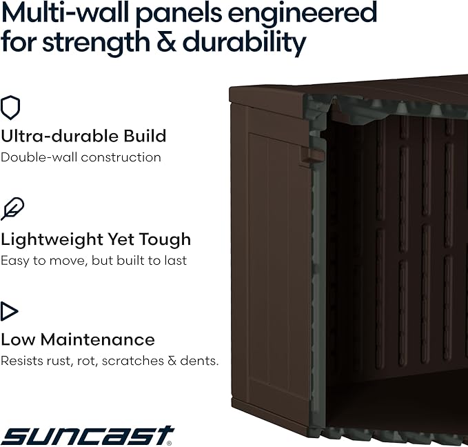 Suncast 134-Gal. Waterproof Resin Extra-Large Outdoor Patio Deck Box with Pad-Lockable Lid, Modern Outdoor Patio Bench/Storage Box for Cushions, Garden Tools, and More, Java