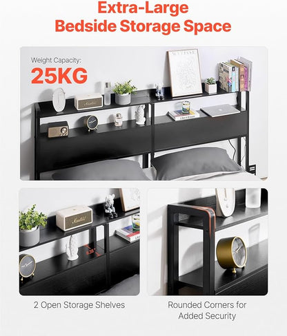 VEVOR Headboard for King Size Bed, Adjustable Height Headboard with 2 Shelves Storage, Freestanding Head Board with Charging Station and LED Light for Different Bed Frames, Easy Assembly, Black
