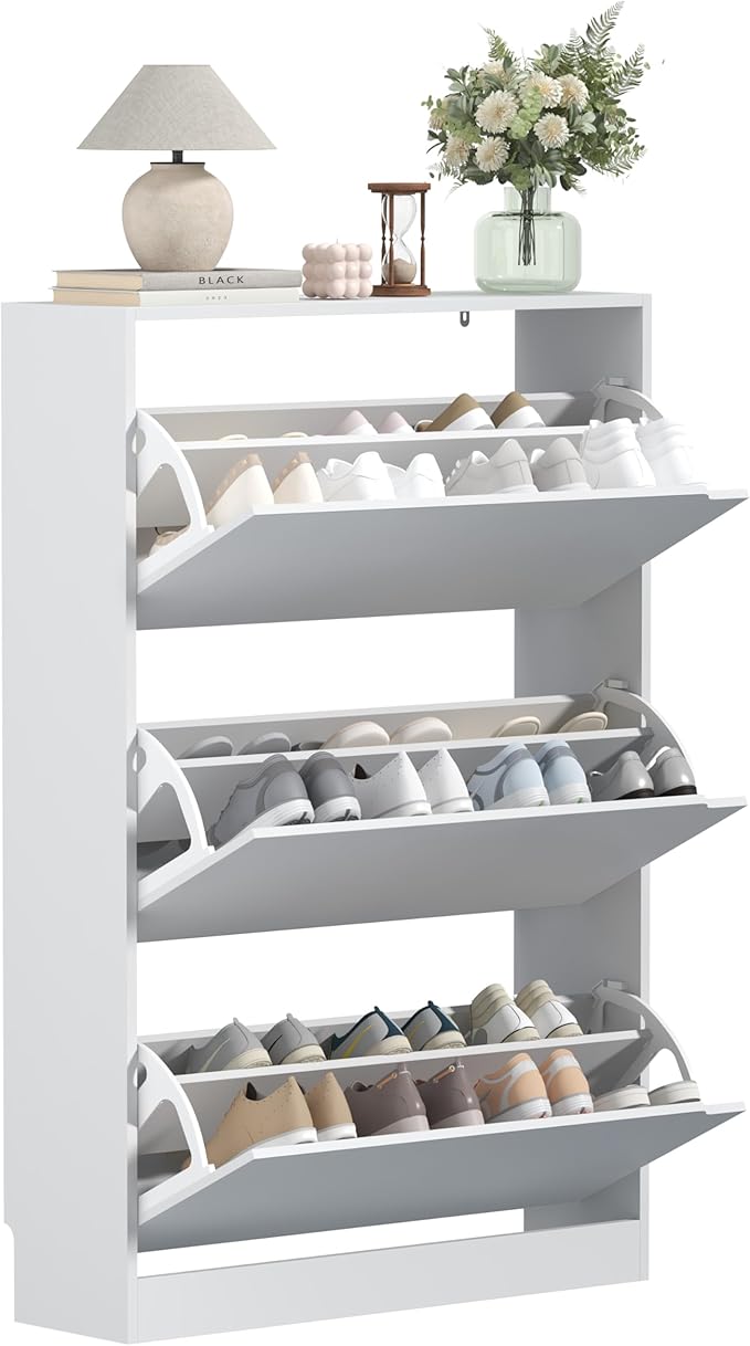 Shoe Storage Cabinet with 3 Flip Drawers, Slim Hidden Wood Shoe Cabinet Storage for Entryway, Freestanding Narrow Shoe Rack Organizer with Adjustable Shelves for Foyer, Hallway, White