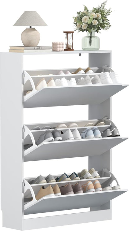 Shoe Storage Cabinet with 3 Flip Drawers, Slim Hidden Wood Shoe Cabinet Storage for Entryway, Freestanding Narrow Shoe Rack Organizer with Adjustable Shelves for Foyer, Hallway, White