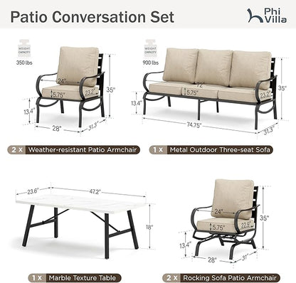 PHI VILLA 6 Piece Patio Furniture Sets with 1 x 3 Seater Padded Deep Seating Bench, 2 x C-Base Cushioned Sofa Chairs, 2 x Leg Sofa Chairs and 1 x Coffee Table, Outdoor Metal Furniture Set for 7