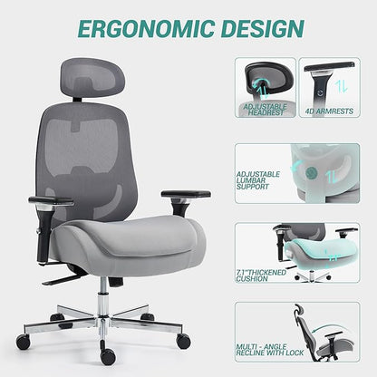 450 LBS Big and Tall Office Chair, Heavy Duty Executive Chair w/4D Arms, Ergonomic Computer Home Desk Chair, Swivel Mesh Chair w/2D Lumbar Support, Adjustable Headrest, Tilt Lock-Grey