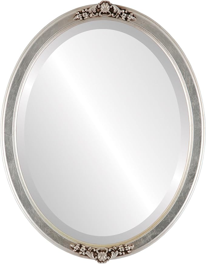 OVALCREST Oval Beveled Wall Mirror for Home Decor - Athena Style - Silver Leaf with Brown Antique - 26" x 22" Outside Dimensions