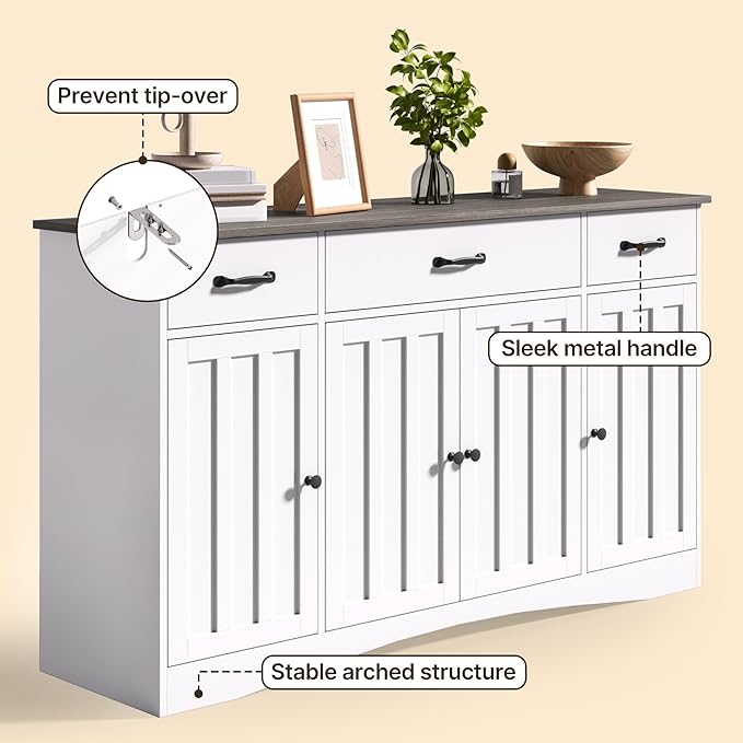 Gizoon Sideboard Buffet Cabinet with Storage, Modern Kitchen Sideboard and Coffee Bar with Drawers and Doors, Wood Buffet Table for Dining Room, 15.2" D x 55.1" W x 31.9" H, White/Grey