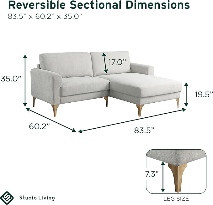 Studio Living® Matthew 83.5" Sofa Chaise, Mid-Century Modern, Pocket Coil Comfort, Reversable Chaise, Metal Brushed Bronze Legs, Chenille Fabric, Ivory