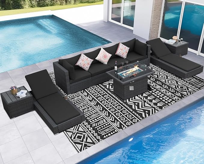 NICESOUL 9 Piece Modern Outdoor Furniture Set with Firepit Propane/Natural Gas, 29.3'' High Back Extra Large Patio Sectional Sofas with Chaise Lounge, Deep Seated PE Wicker Conversations Luxury, Gray