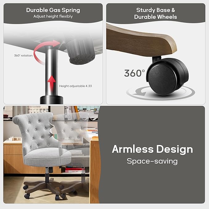 Home Office Adjustable Height Swivel Chair With Wheels - Linen Fabric Upholstered Computer Desk With Wooden Legs - Comfortable Armless for Study Studio (Light Grey)
