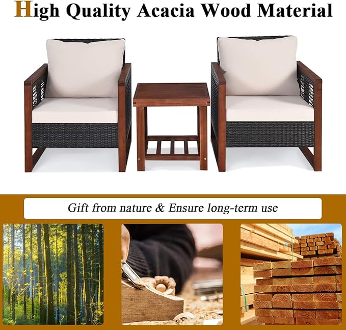 COSTWAY 3 Pieces Wicker Patio Furniture Set, Outdoor Wicker Sofa with Acacia Wood Frame, Coffee Table & Washable Cushions, Rattan Conversation Sets for Yard, Porch, Bistro, Balcony, Backyard, Beige