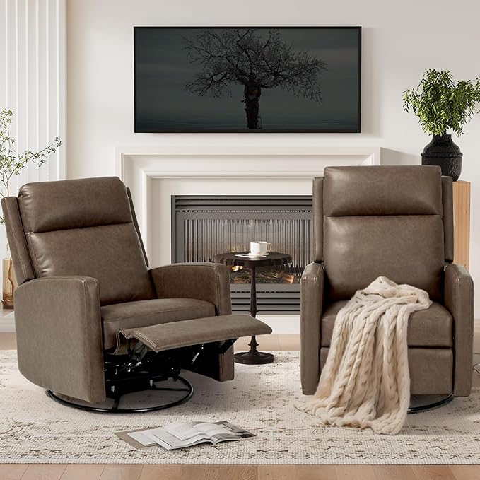 Swivel Rocking Recliner,Wide PU Leather Glider Sofa Chair with Ergonomic High Backrest for Bedroom,Living Room（ Brown）