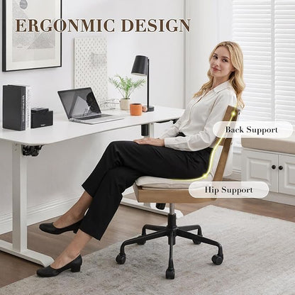 Home Office Desk Chair with Wheels, Ergonomic Computer Task Chair with Rattan Back, Adjustable Height Armless Swivel Chair with Removable Cushion for Small Space, Light Brown